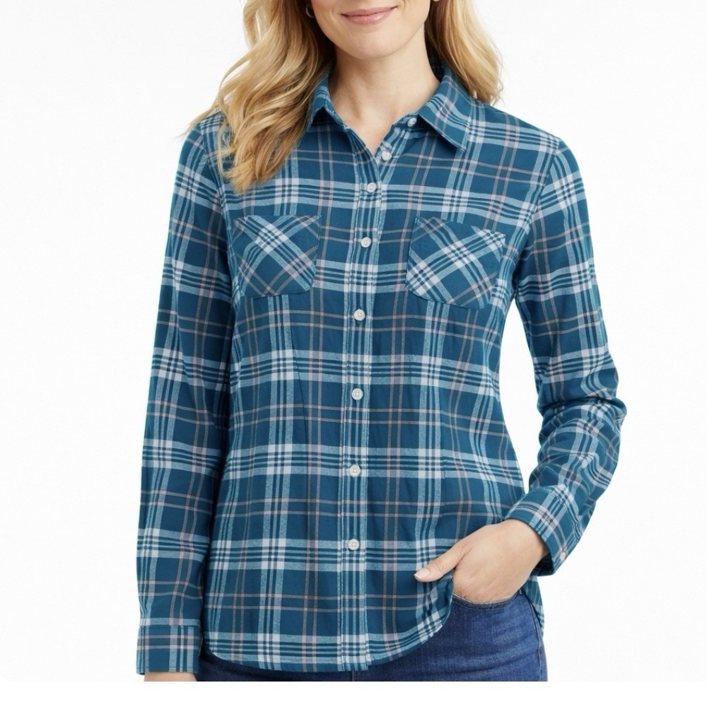 LL Bean Teal Plaid Freeport Flannel Lightweight Button Up Shirt Size‎ MEDIUM